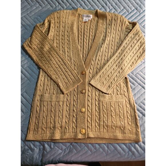 Outlander Studio Vintage Gold Sparkly Cardigan Sweater Vintage Made In Hong Kong - Picture 11 of 14